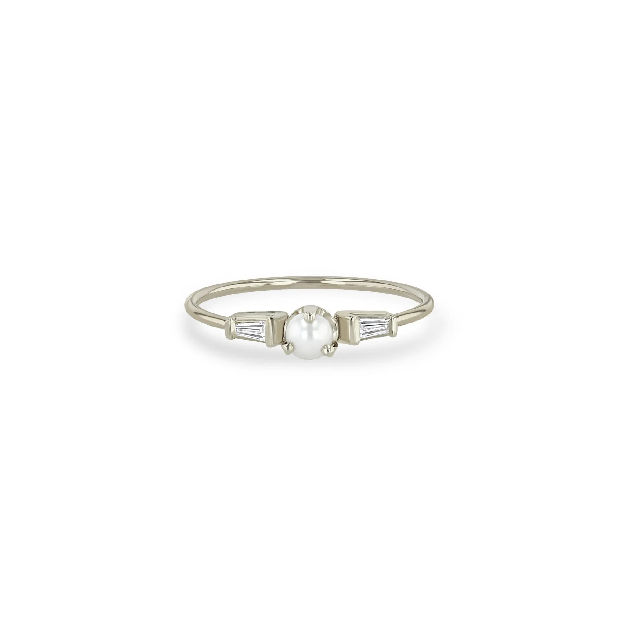14k Pearl & Tapered Baguette Diamond 3 Stone Ring