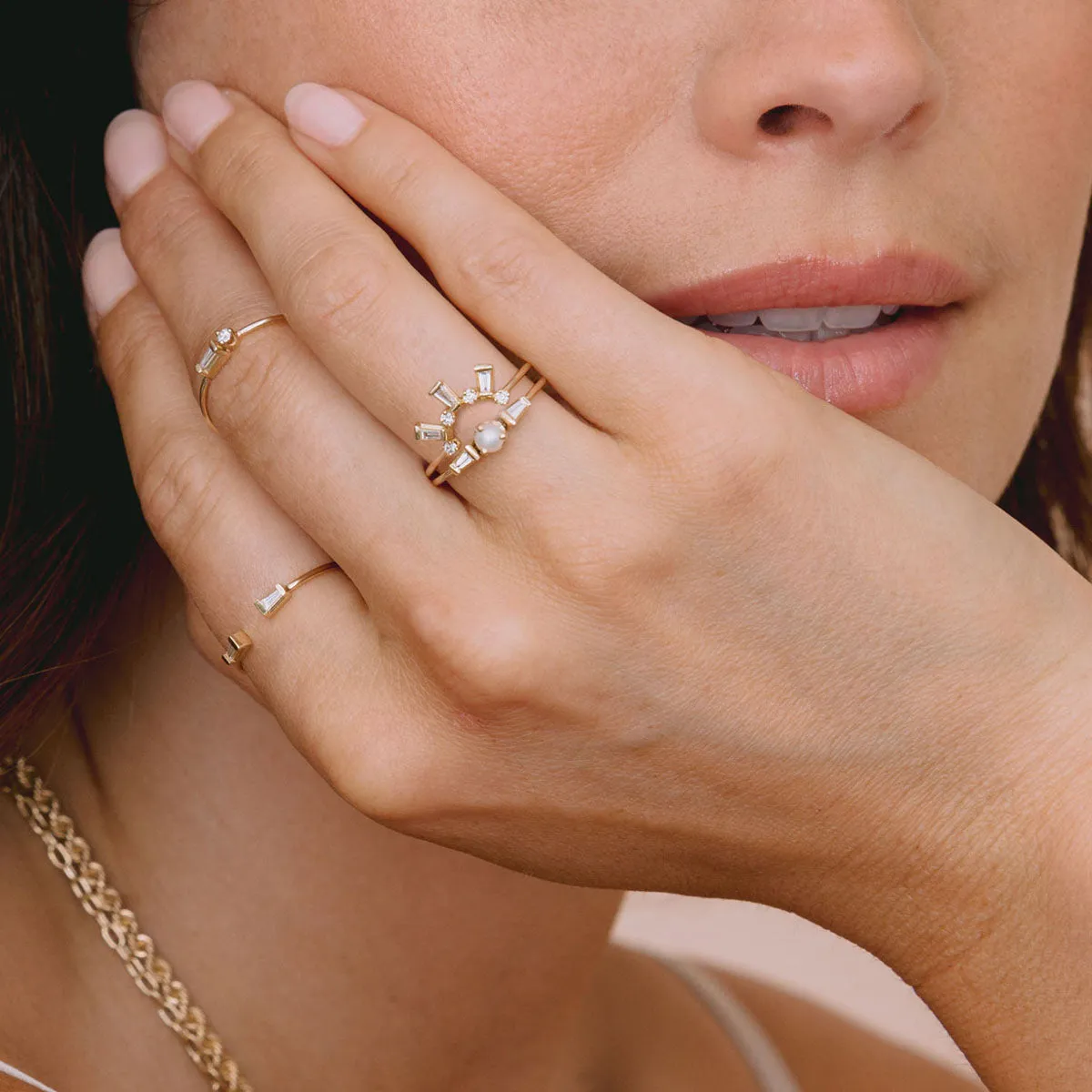 14k Pearl & Tapered Baguette Diamond 3 Stone Ring