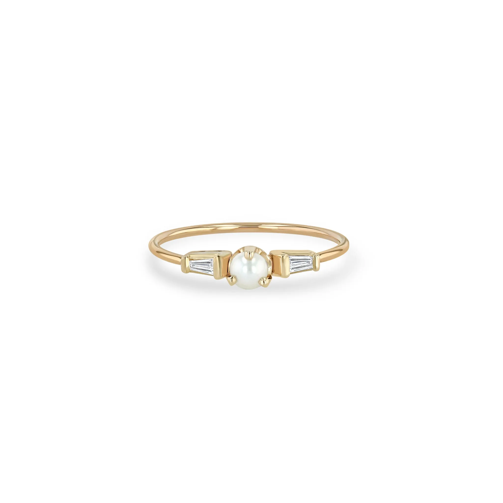 14k Pearl & Tapered Baguette Diamond 3 Stone Ring
