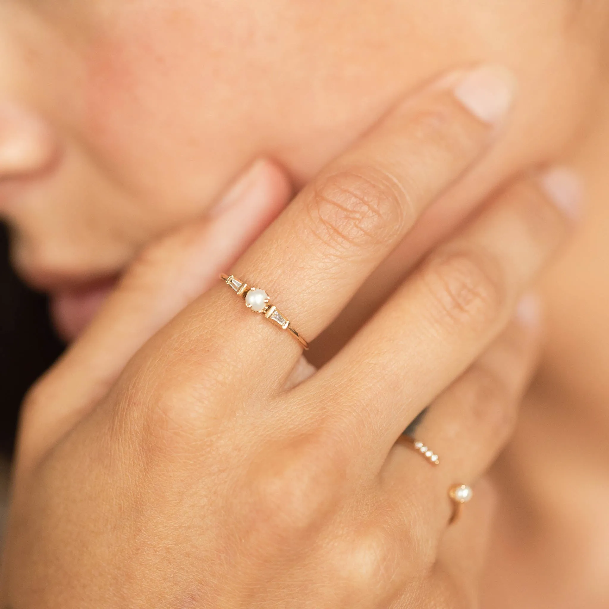 14k Pearl & Tapered Baguette Diamond 3 Stone Ring