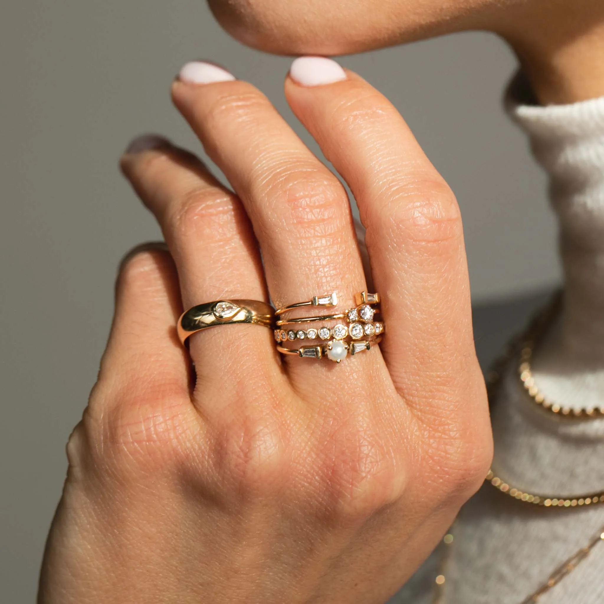 14k Pearl & Tapered Baguette Diamond 3 Stone Ring