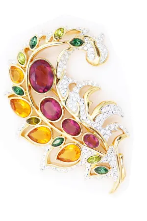 1990s Swarovski Crystal Vintage Leaf Brooch w Multicolored Stones