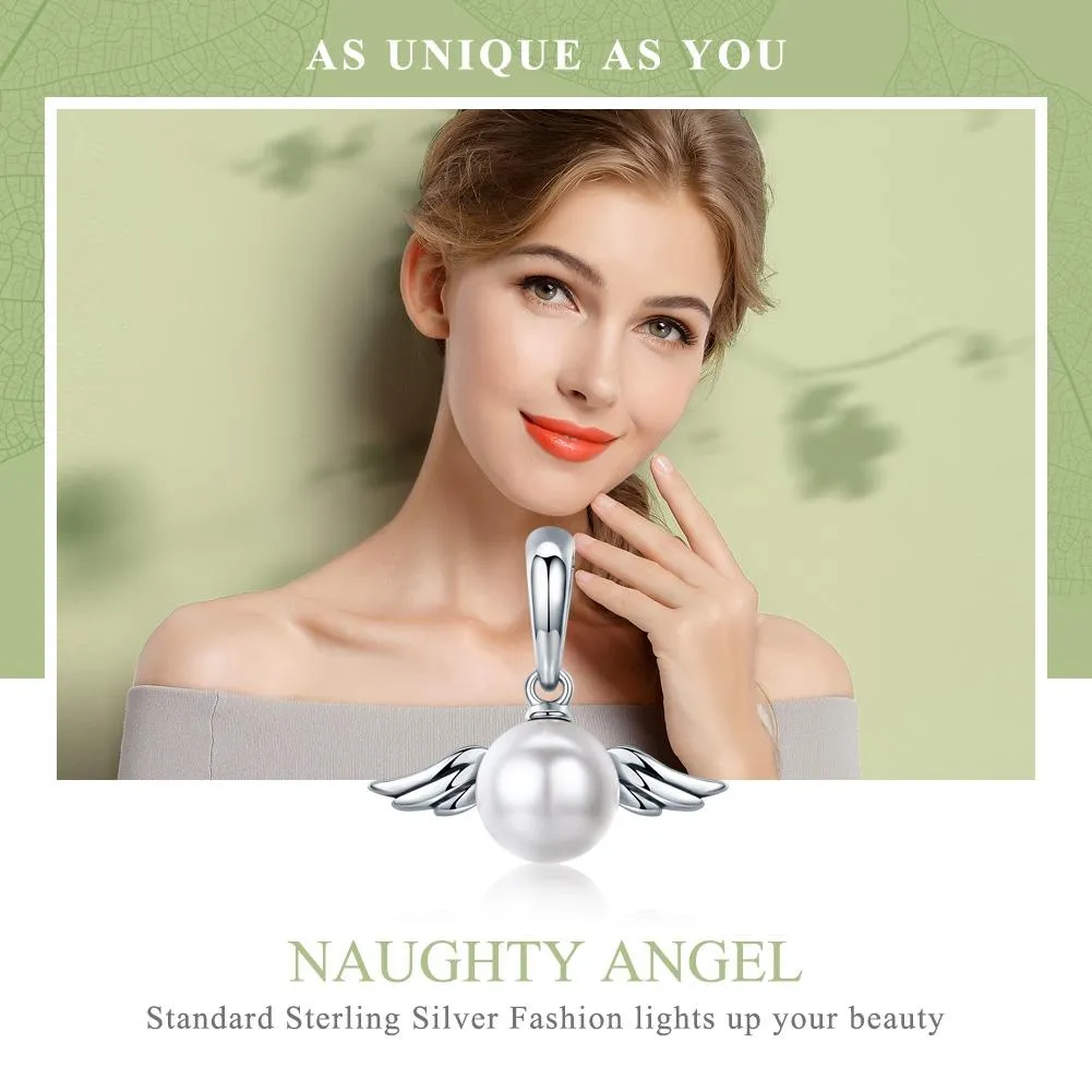 925 Sterling Silver Angel Wing Pendant With Shell Bead Charm For Diy Bracelets Style - Pendent