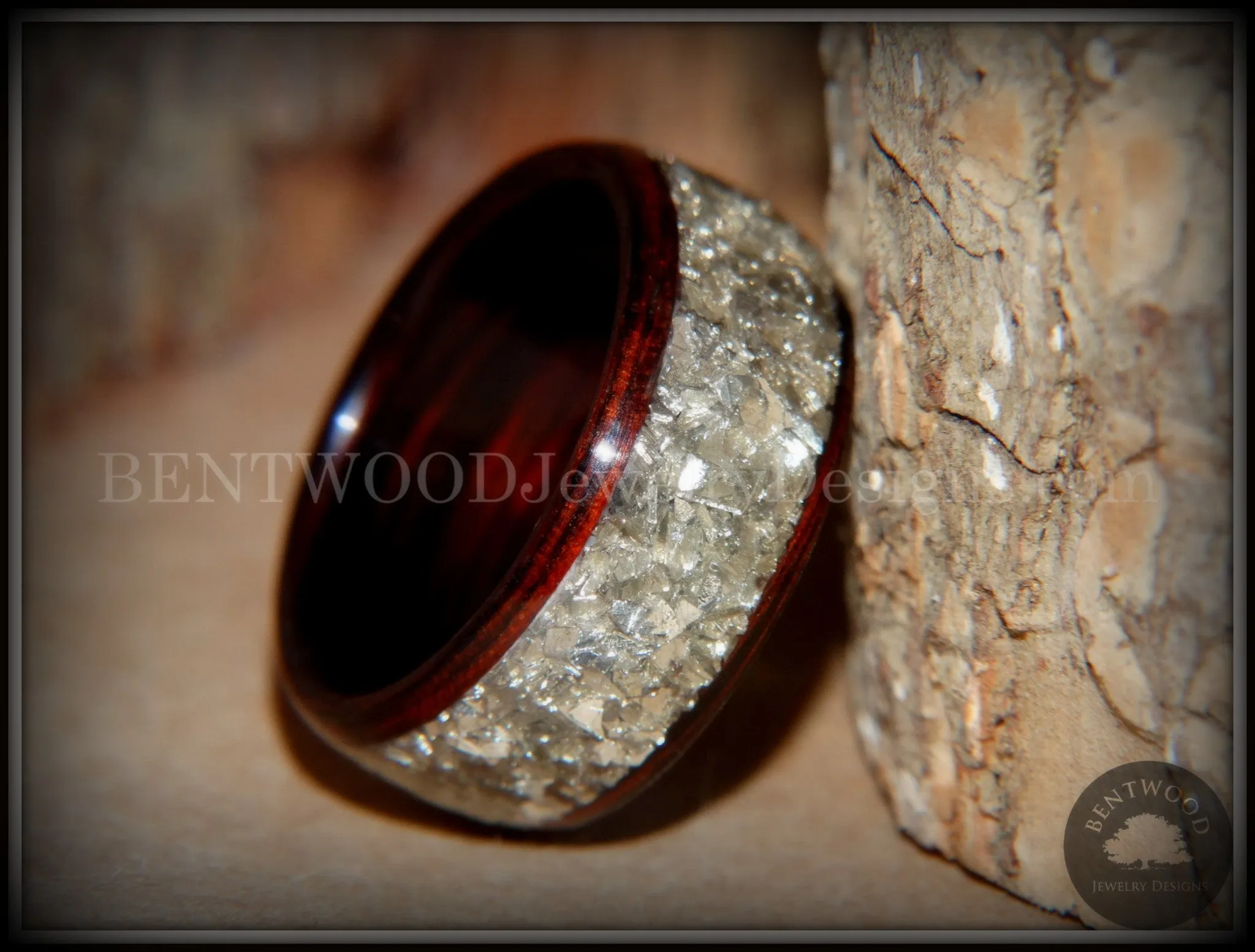 Bentwood Ring - Kingwood Wooden Ring with Wide Crushed Silver Glass Inlay