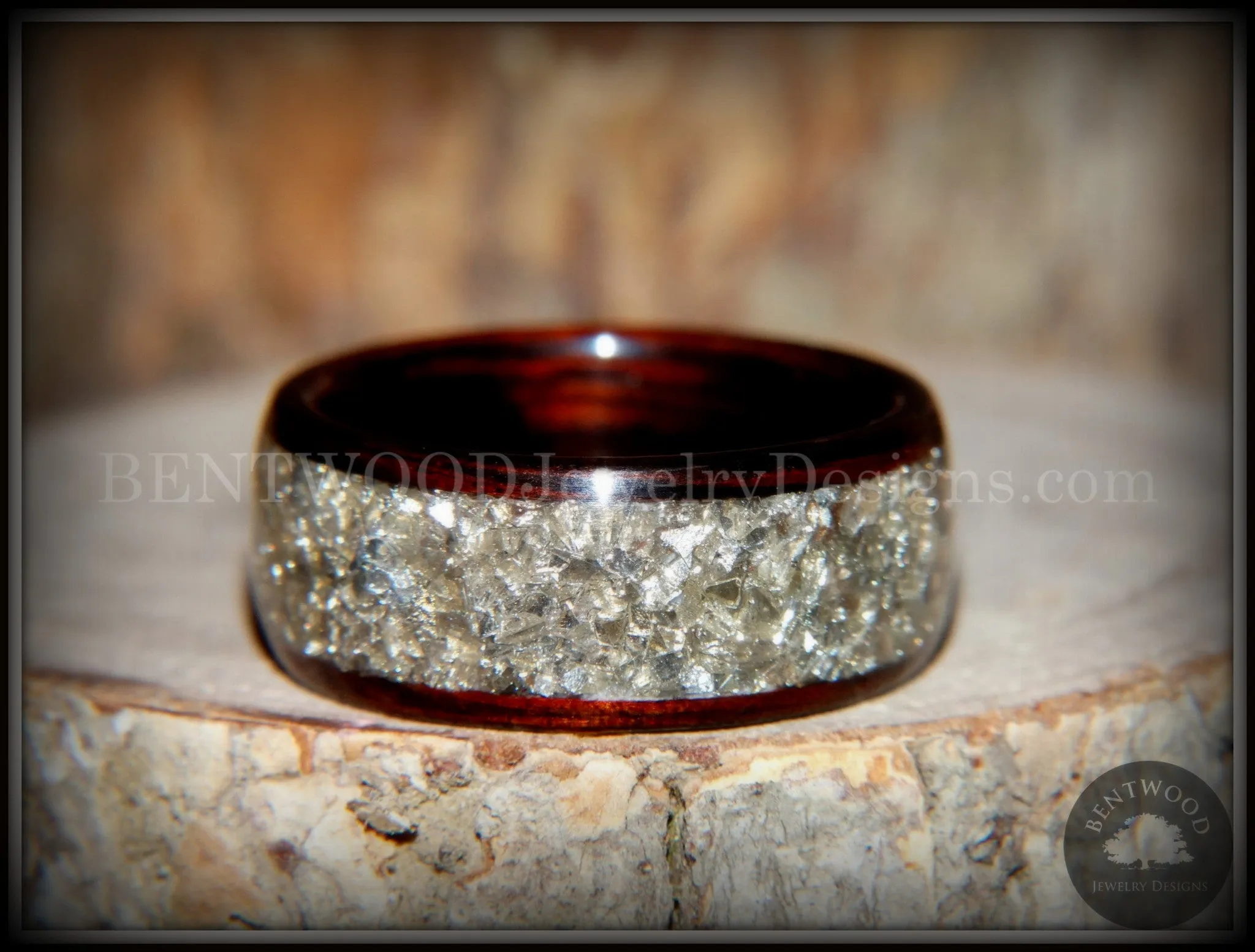 Bentwood Ring - Kingwood Wooden Ring with Wide Crushed Silver Glass Inlay