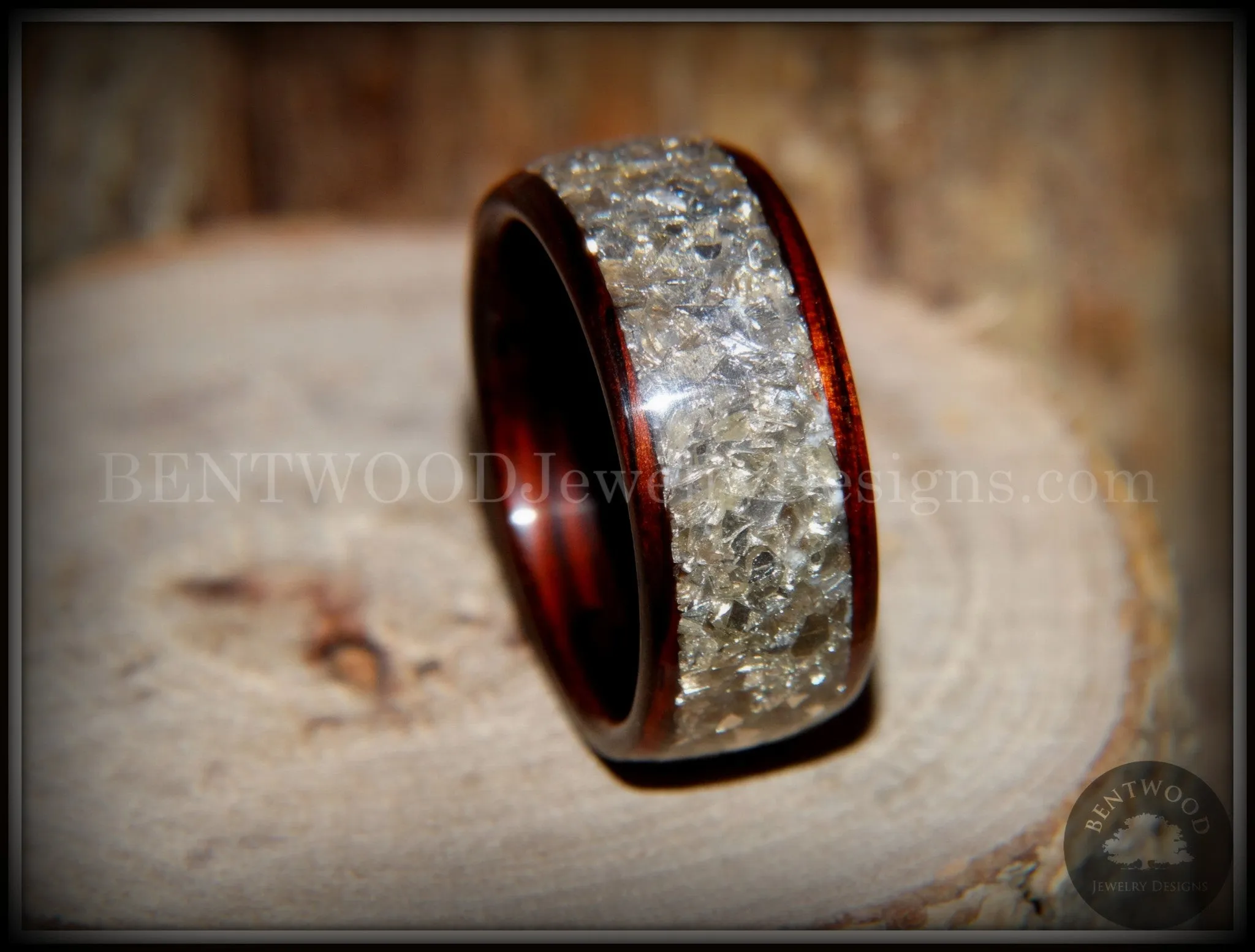 Bentwood Ring - Kingwood Wooden Ring with Wide Crushed Silver Glass Inlay