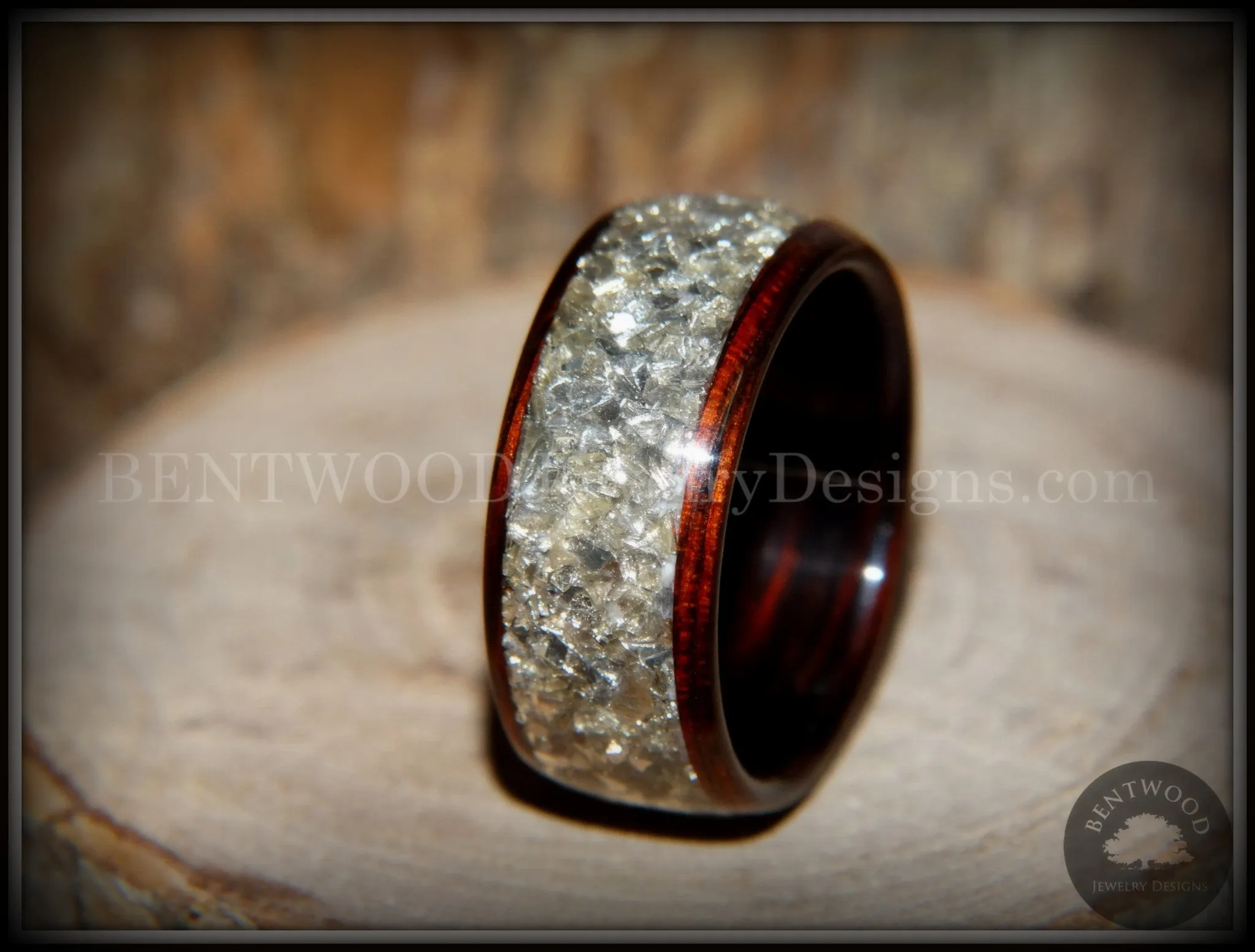 Bentwood Ring - Kingwood Wooden Ring with Wide Crushed Silver Glass Inlay