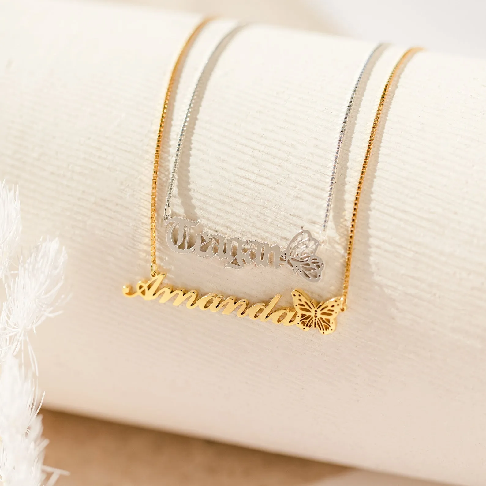 Butterfly Name Necklace in Box Chain