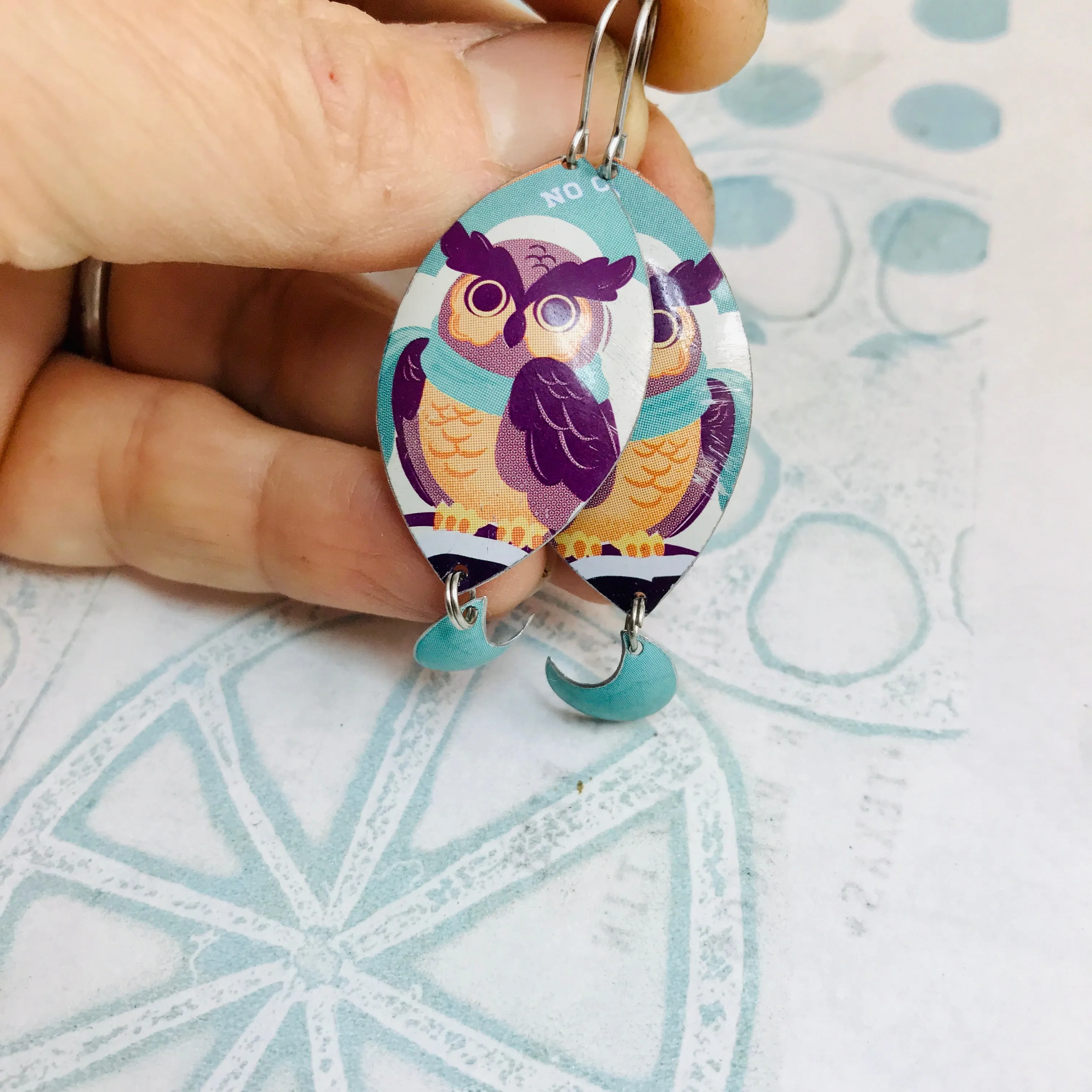 Crescent Moon Owls Upcycled Tin Earrings