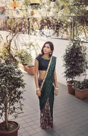 Green Sequins Abstract Print Sari