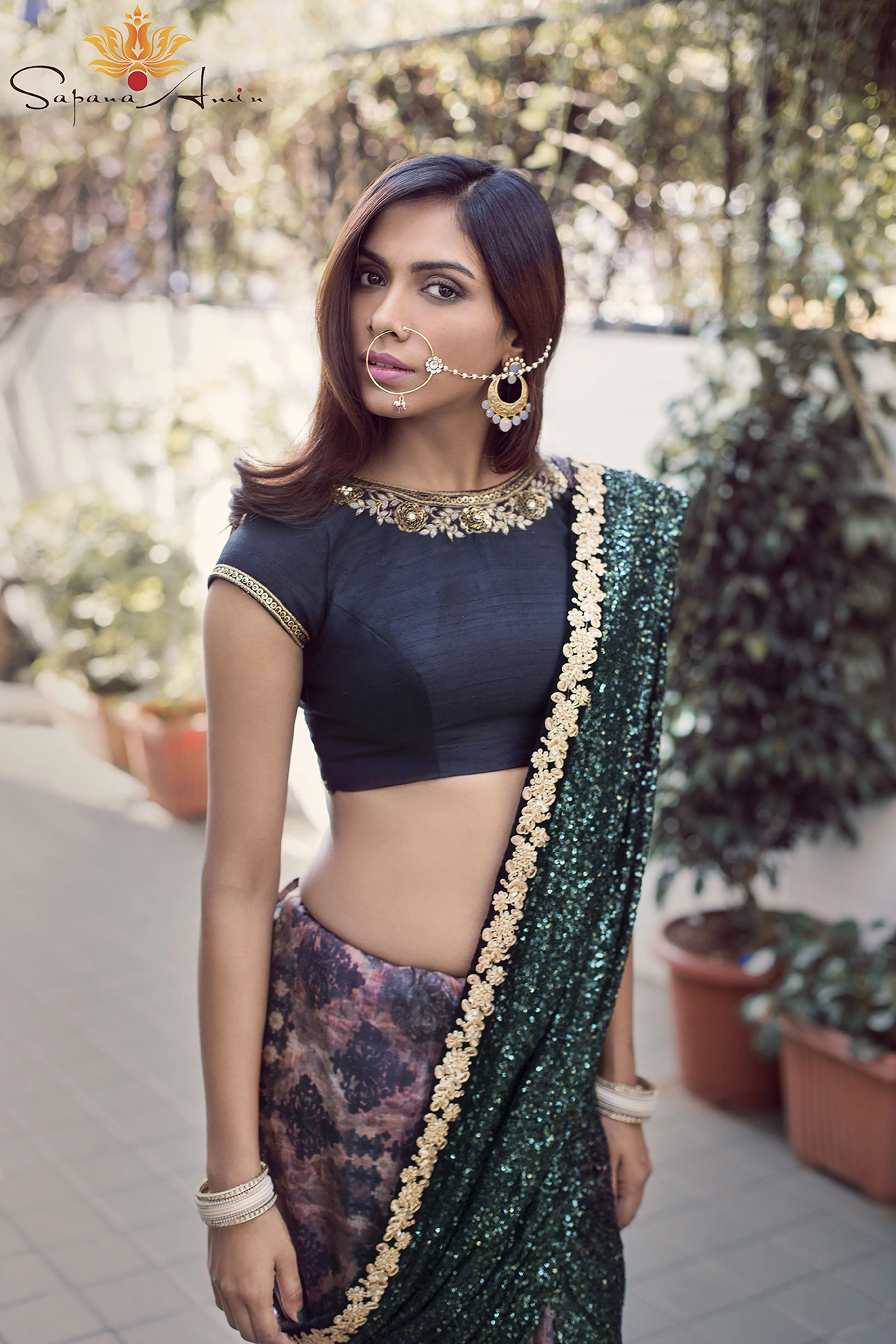 Green Sequins Abstract Print Sari