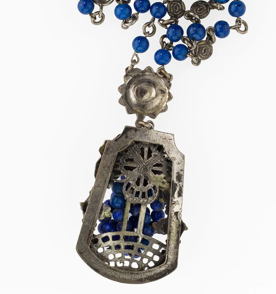 Lapis glass, silver metal grape and leaf cluster, lavaliere necklace c. 1920's Czech. j-nlad902e