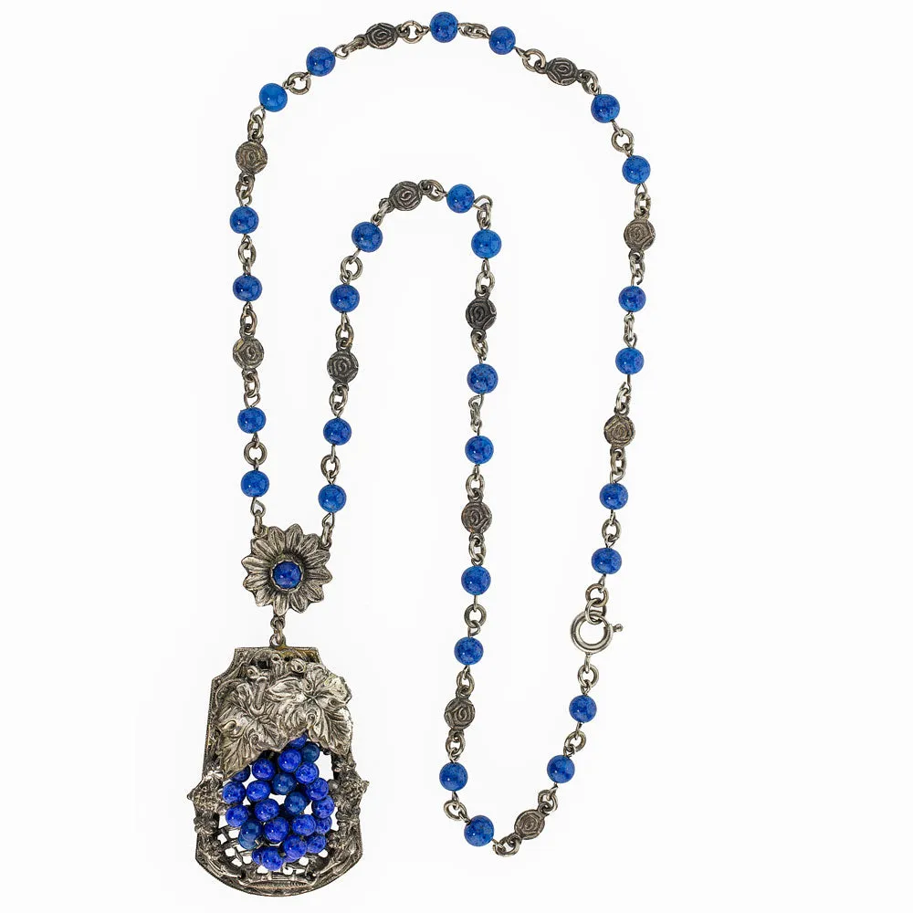 Lapis glass, silver metal grape and leaf cluster, lavaliere necklace c. 1920's Czech. j-nlad902e