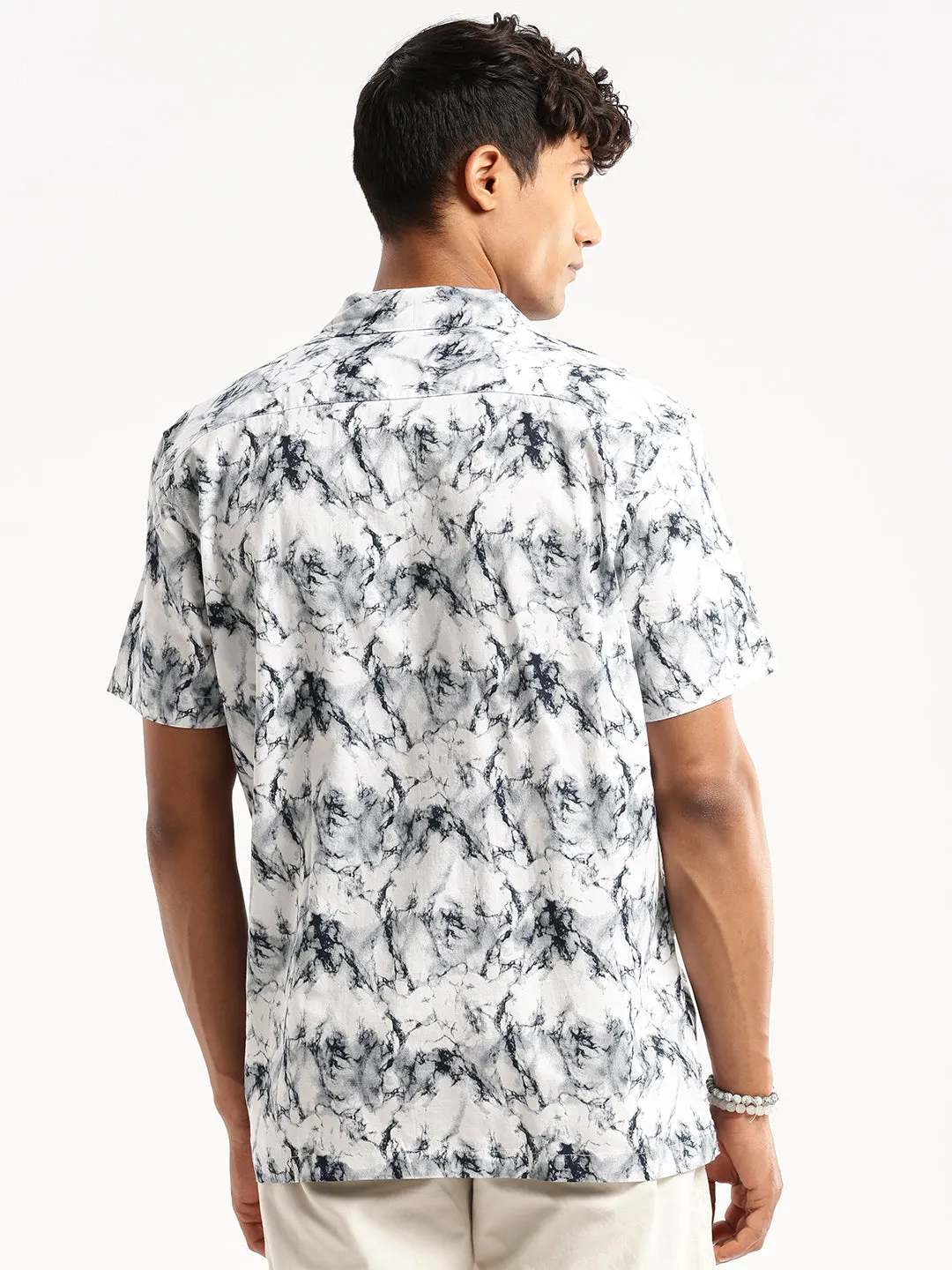 Men White Cuban Collar Abstract Shirt