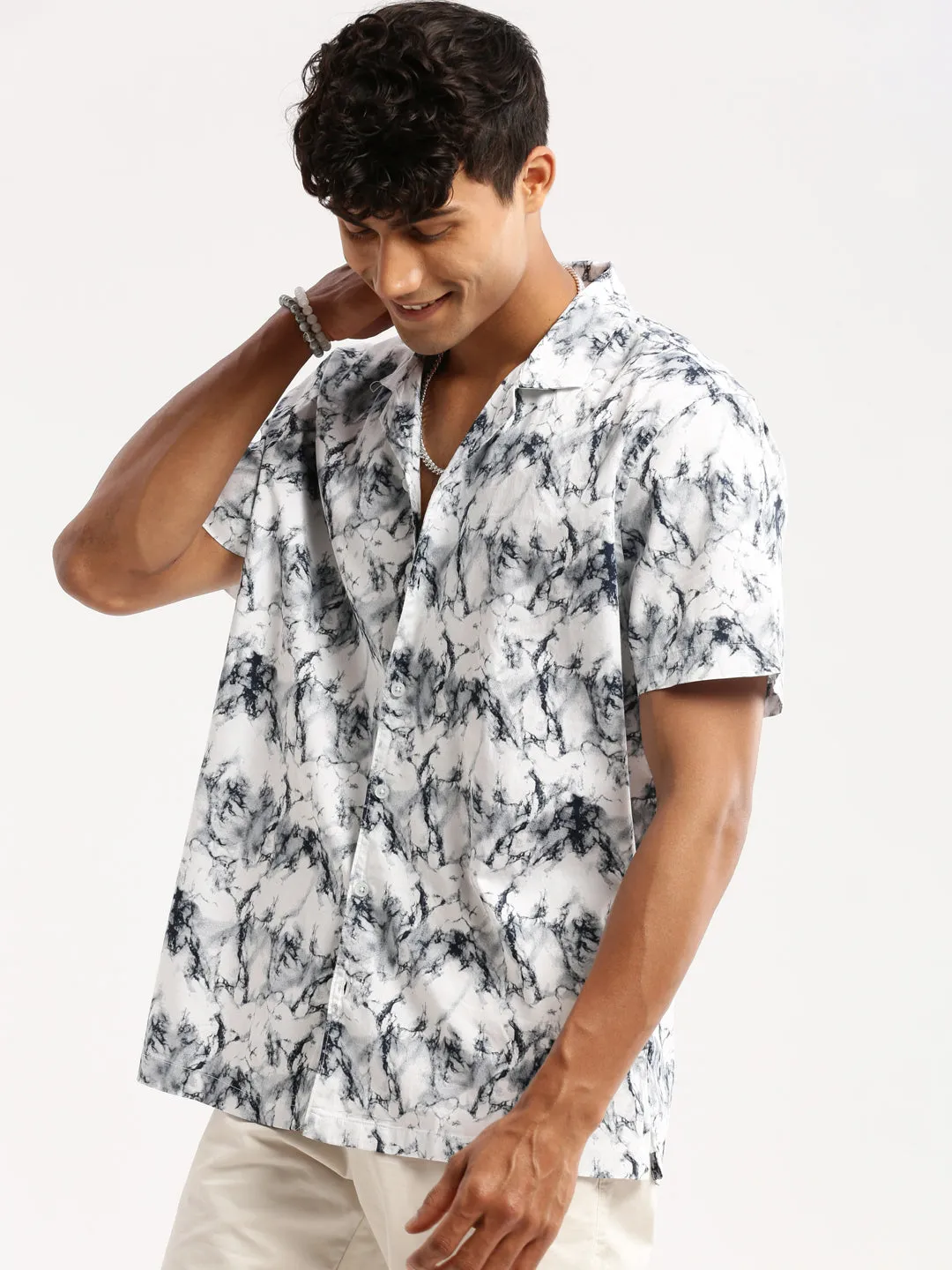 Men White Cuban Collar Abstract Shirt