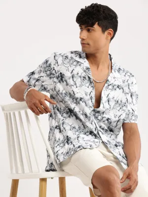 Men White Cuban Collar Abstract Shirt