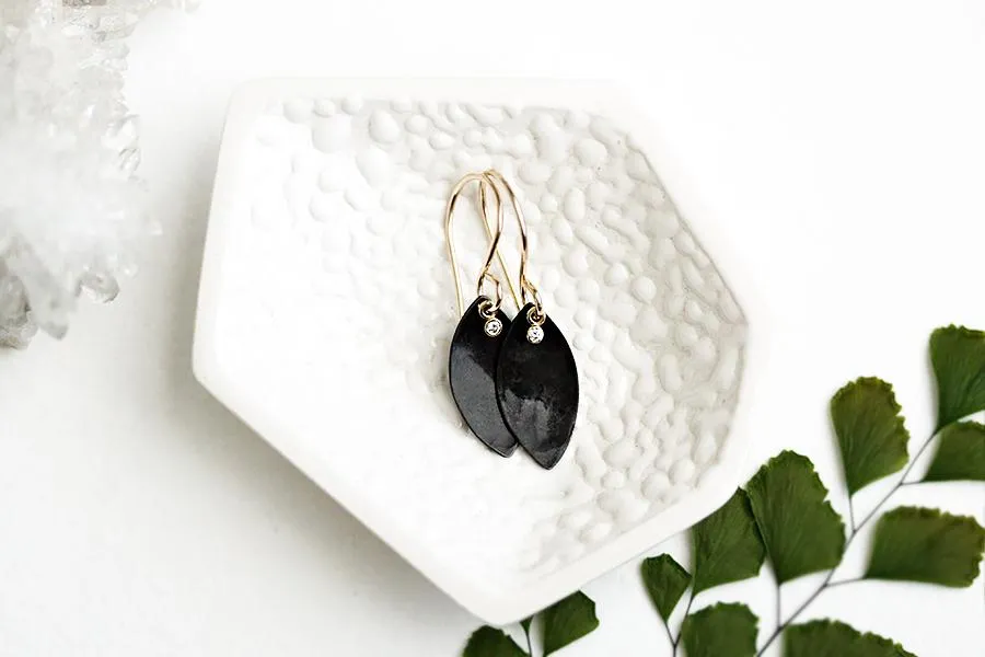 Oxidized Silver   Diamond Leaf Earrings