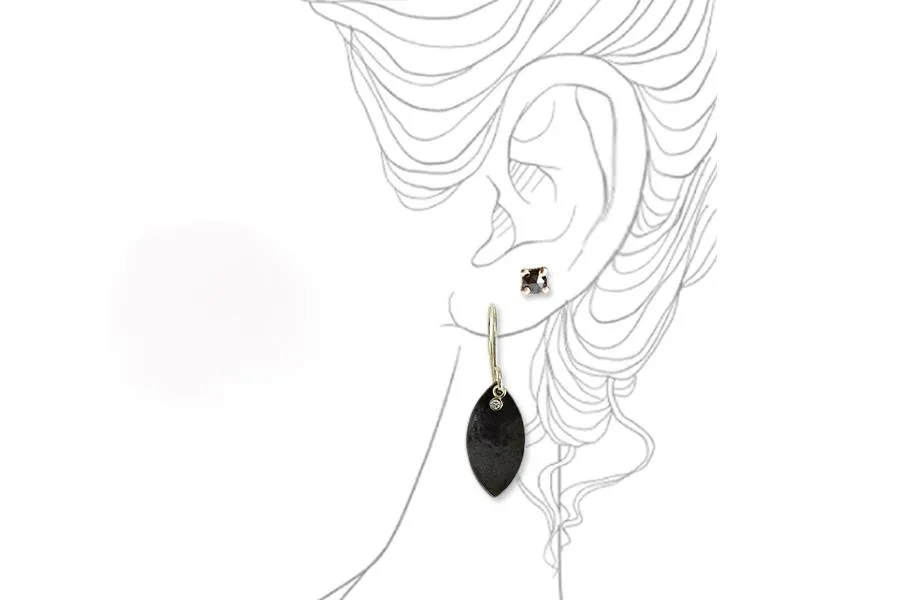 Oxidized Silver   Diamond Leaf Earrings