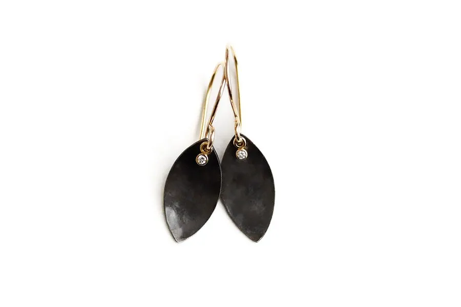 Oxidized Silver   Diamond Leaf Earrings