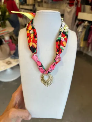 Scarf Necklace-Black Floral/Heart Charm