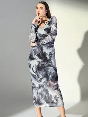 SHOWOFFFF Edition Women's Abstract Print Grey V-Neck Bodycon Dress