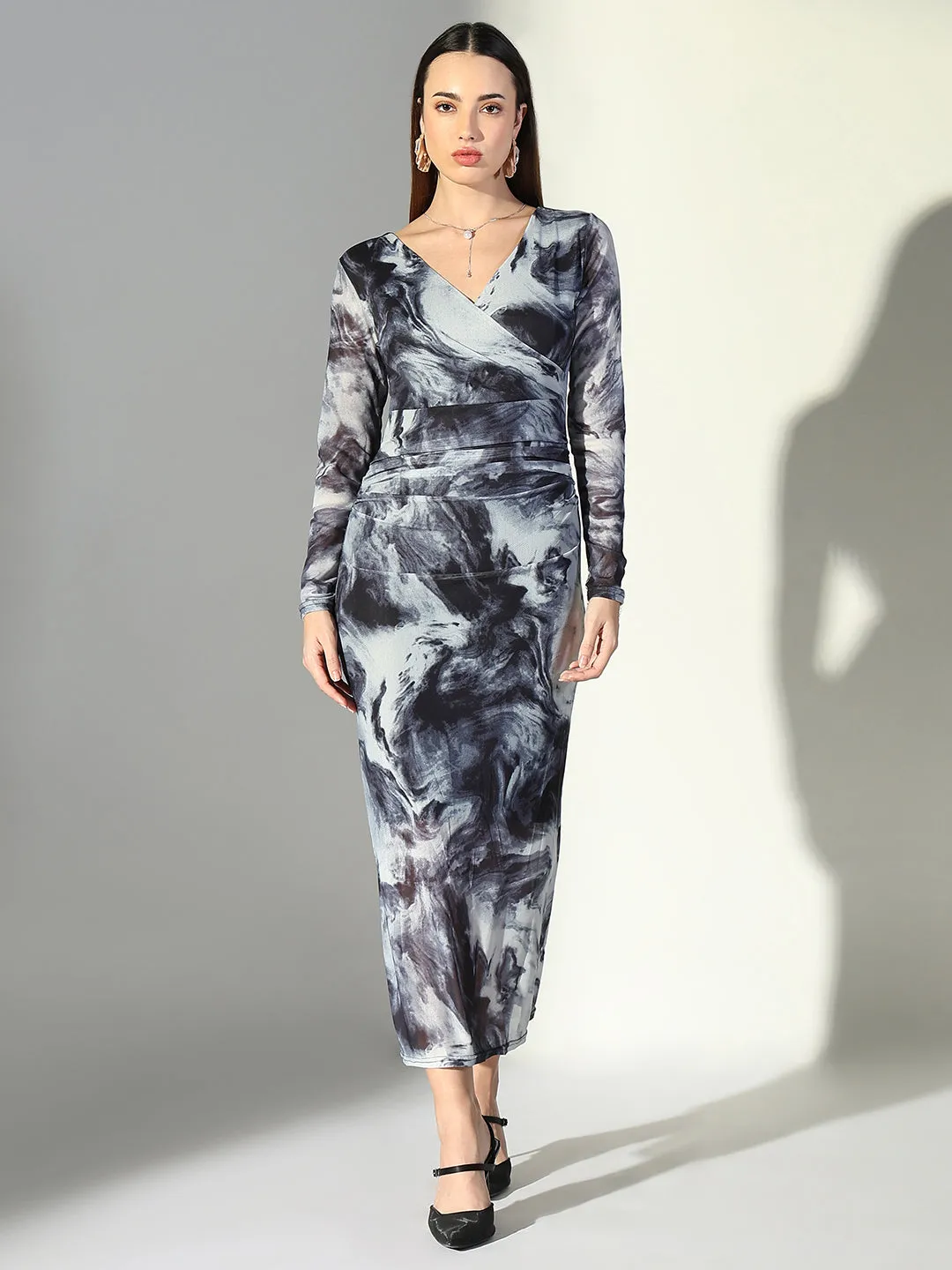 SHOWOFFFF Edition Women's Abstract Print Grey V-Neck Bodycon Dress