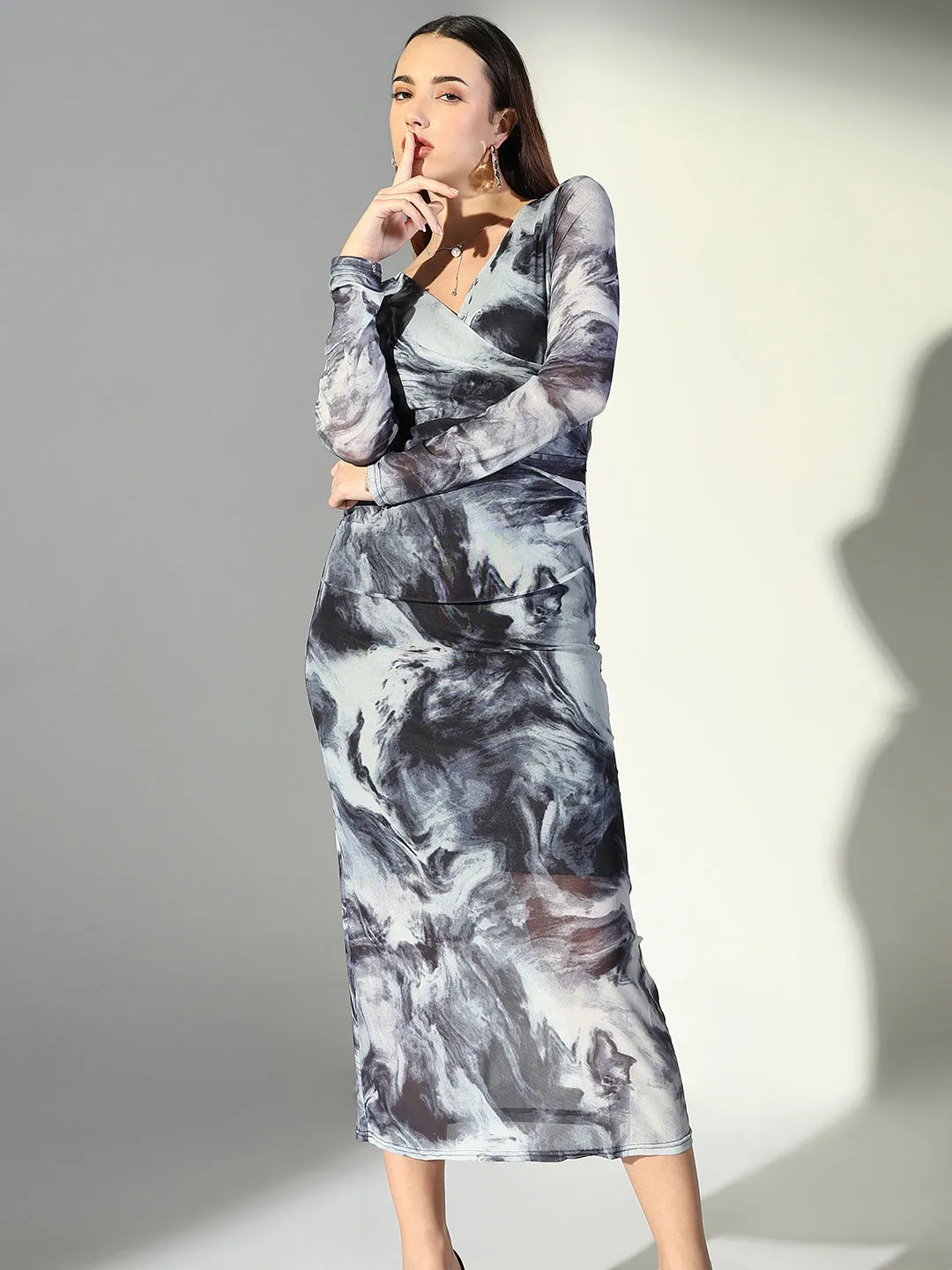 SHOWOFFFF Edition Women's Abstract Print Grey V-Neck Bodycon Dress