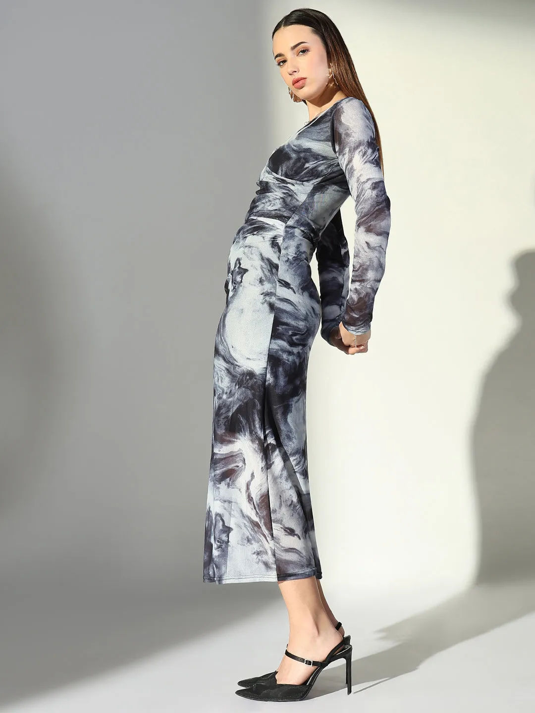 SHOWOFFFF Edition Women's Abstract Print Grey V-Neck Bodycon Dress