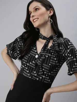 Women Black Tie-Up Neck Sheath Dress