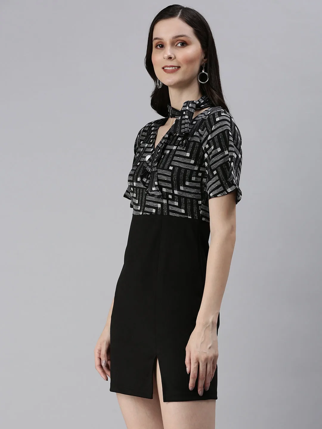 Women Black Tie-Up Neck Sheath Dress