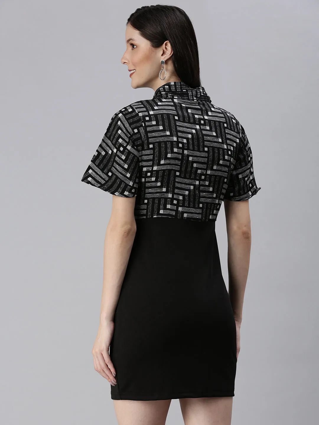 Women Black Tie-Up Neck Sheath Dress