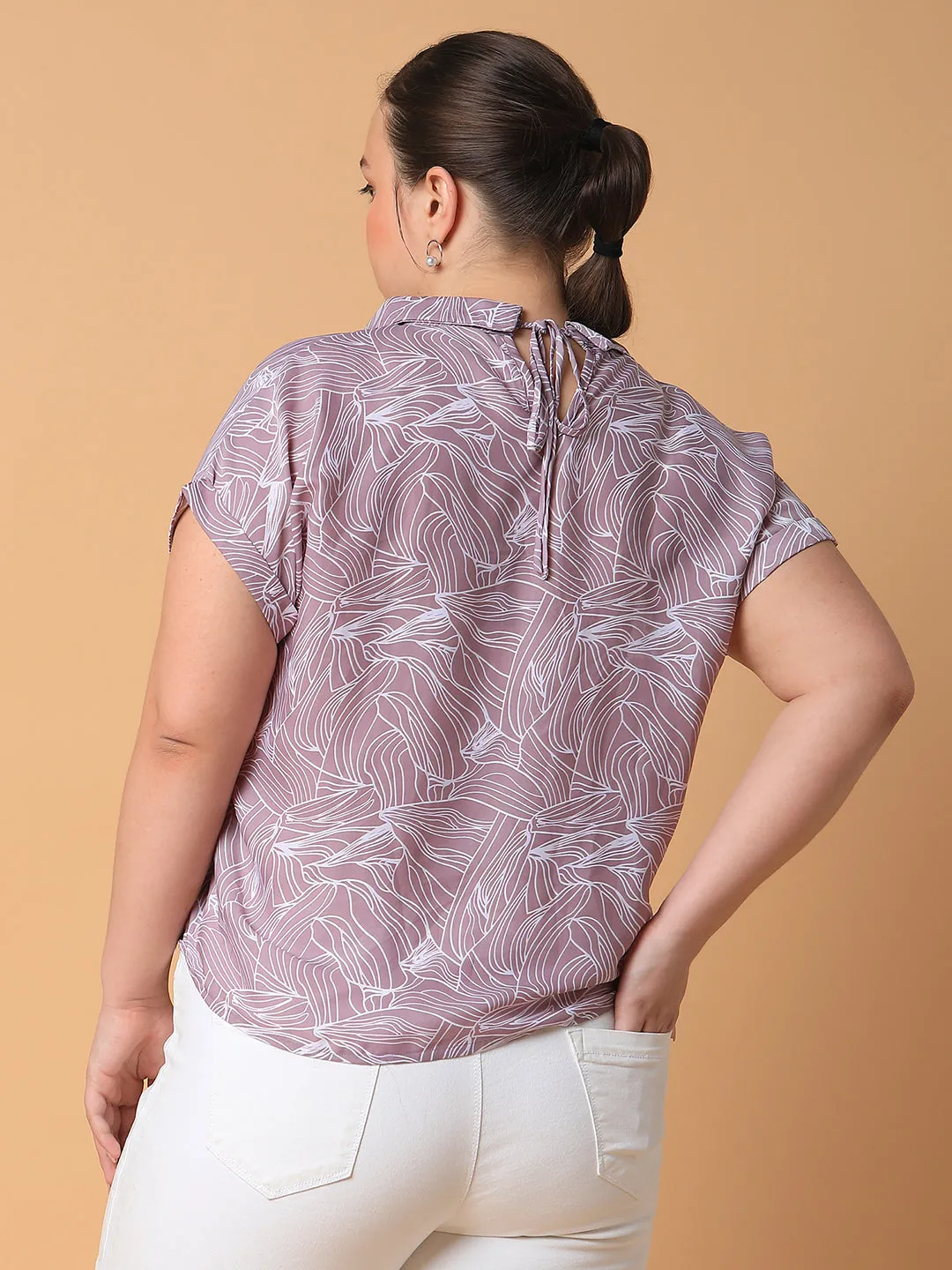 Women Lavender Floral Print Crepe Shirt Style Top
