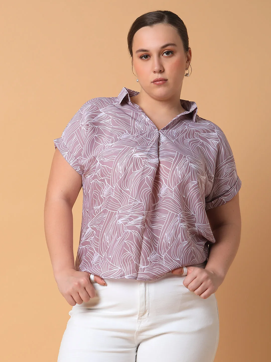 Women Lavender Floral Print Crepe Shirt Style Top