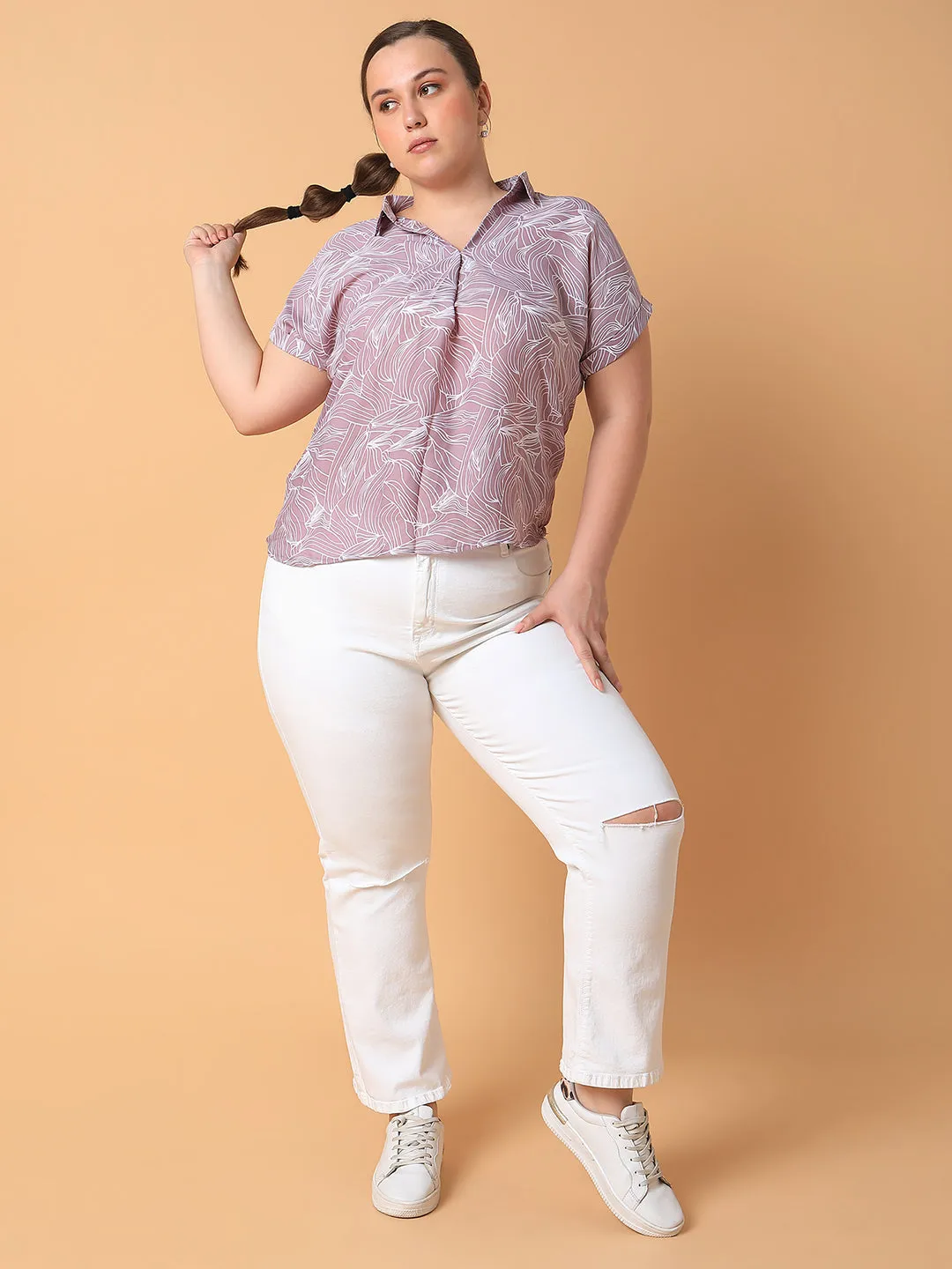 Women Lavender Floral Print Crepe Shirt Style Top