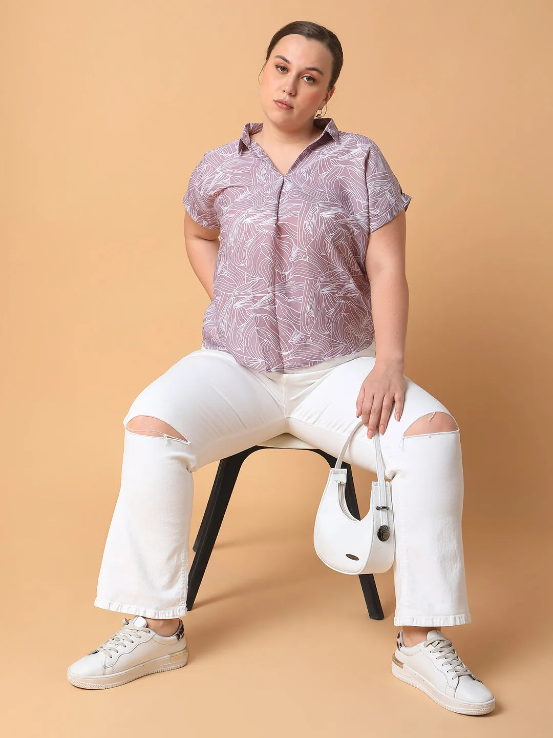 Women Lavender Floral Print Crepe Shirt Style Top