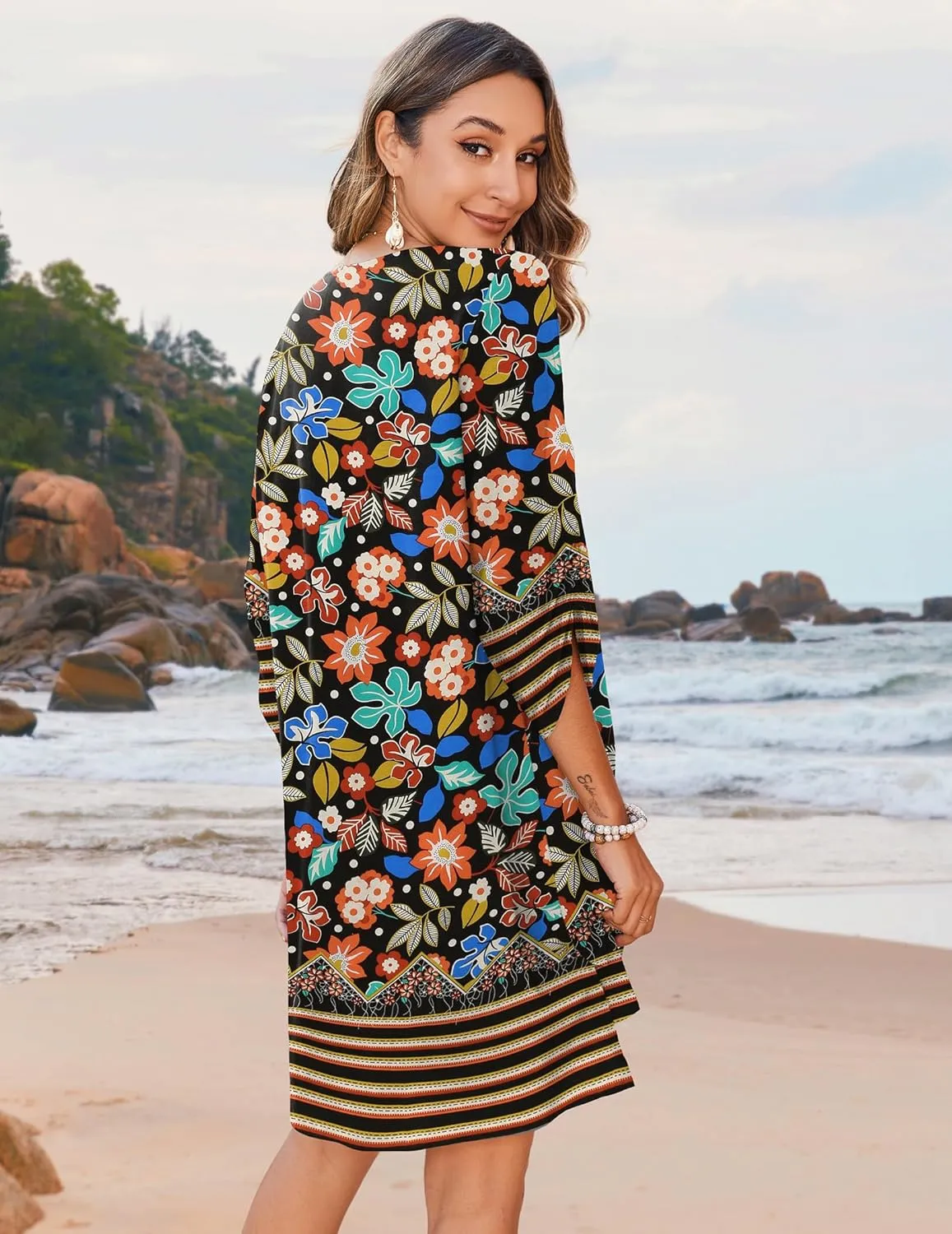 Zeagoo Womens Boho Dresses Casual Beach Summer Dress Tassel Tie Neck 3/4 Long Sleeve Mini Sundress 2025 Floral Print Cover Up