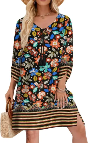 Zeagoo Womens Boho Dresses Casual Beach Summer Dress Tassel Tie Neck 3/4 Long Sleeve Mini Sundress 2025 Floral Print Cover Up