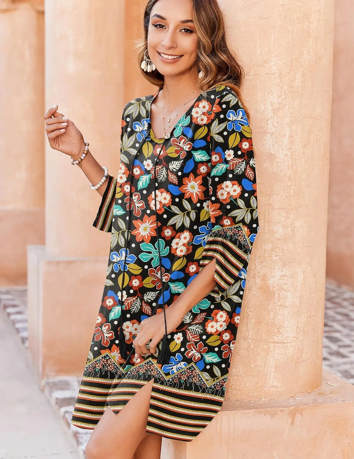 Zeagoo Womens Boho Dresses Casual Beach Summer Dress Tassel Tie Neck 3/4 Long Sleeve Mini Sundress 2025 Floral Print Cover Up